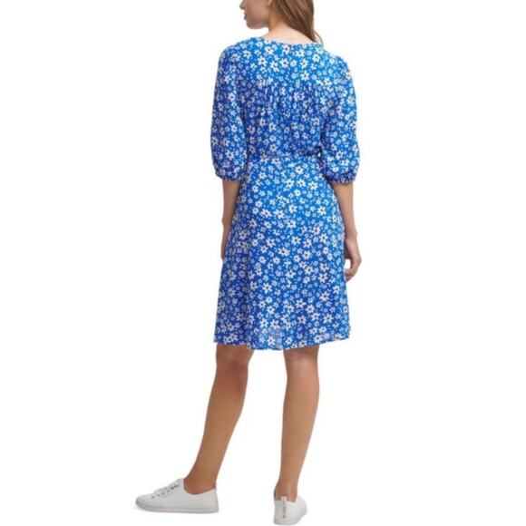 Calvin Klein Blue Floral Faux Wrap Midi Dress Sz 8 - Picture 11 of 13